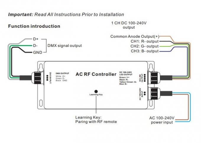 شريط إضاءة LED عالي الجهد RF - وحدة تحكم DMX ، وحدة فك ترميز 3 قنوات Dmx RGB بحد أقصى 5A IP67 0